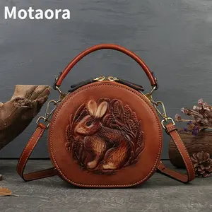 MOTAORA 2025 جديد ريترو مستدير المرأة حقائب يد جلدية حقيقية للسيدات الفاخرة مصمم أرنب تنقش حقائب كتف متنقلة