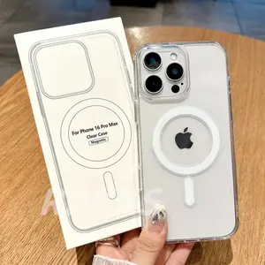 حافظة شحن لاسلكية مغناطيسية شفافة من الكريستال لهاتف آيفون 11 12 13 14 15 16 Pro XS Max XR 16e غطاء أكريليك صلب